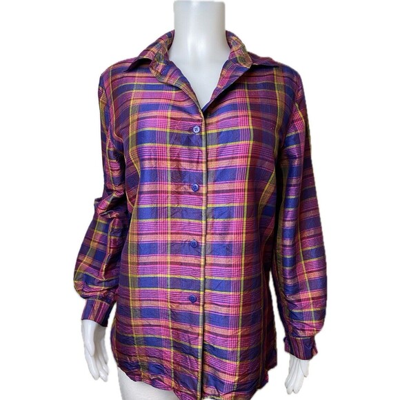 N91. Silk Lore Silk Shirt M Plaid Multicolor Blouse Long Sleeve Collared Button - Picture 1 of 8
